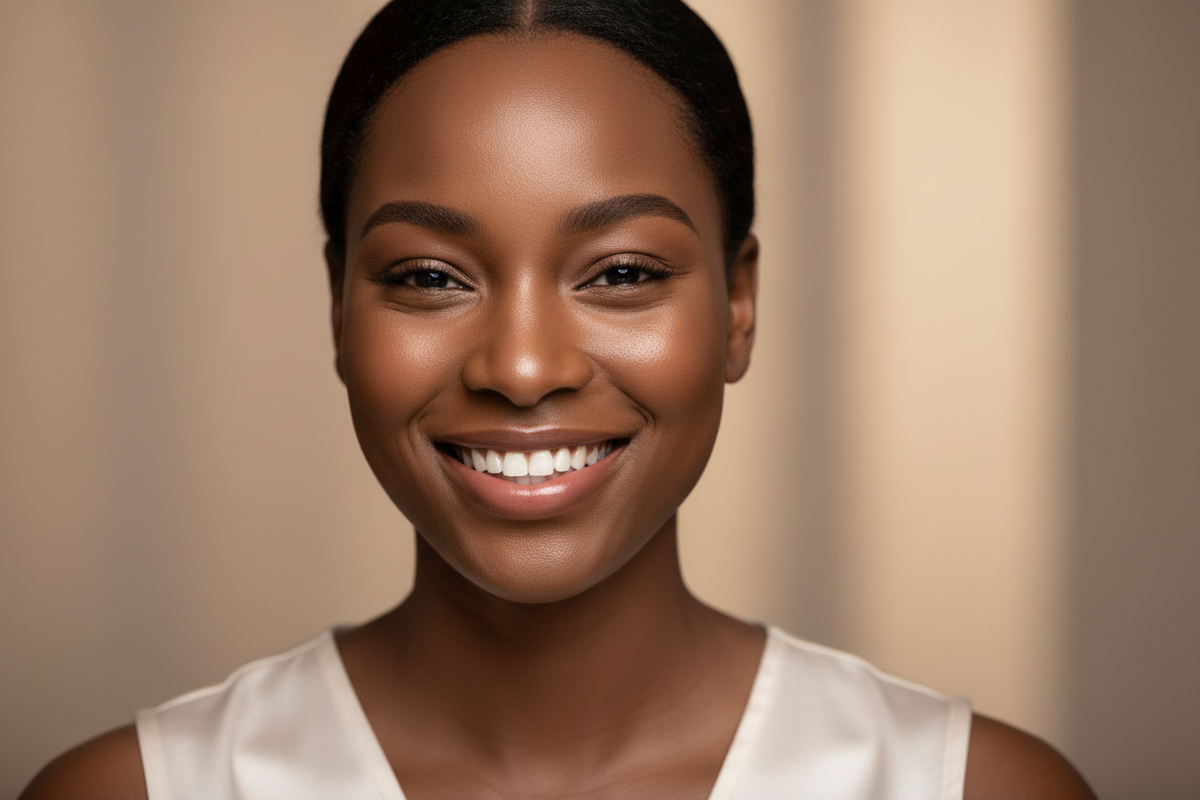 a black lady with radiating skin smiling like a skin care model 