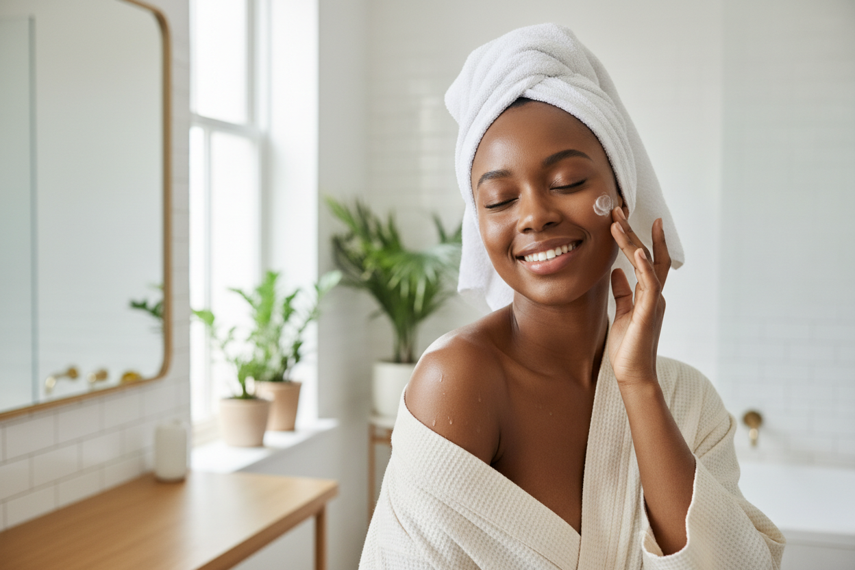 an african lady applying a skin care product on her face after taking a shower